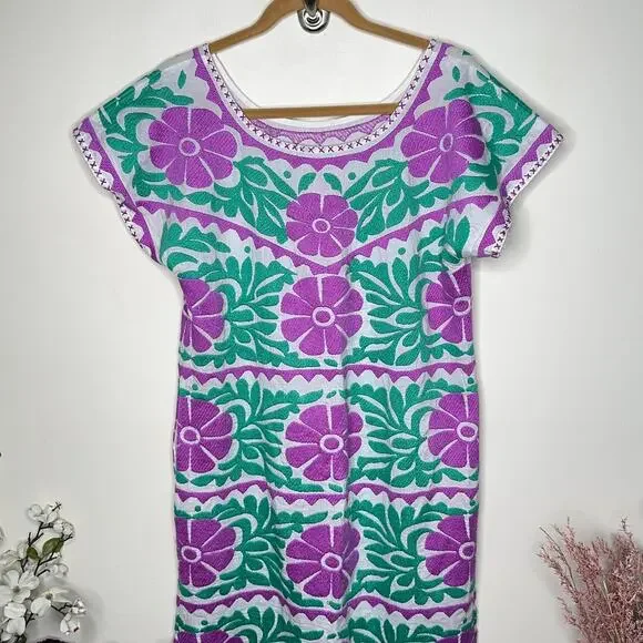 NIMO WITH LOVE Sorrento Kaftan Midi Dress Embroidered Purple Green {3V32} Women